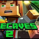 Igričarski lik v pikselskem stilu z mečem na naslovnici igre Minecaves 2