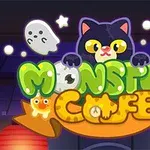 Risanka mačke in duhov z napisom Monster Cafe v barvitem, otroško prijaznem slogu