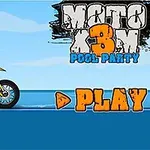 Motokros igralec na rumeni dirkalni motor, naslovna stran igre Moto X3M Pool Party z gumbom PLAY