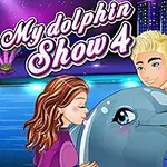 Moški in ženska božata delfina pri nočni predstavi v igri My Dolphin Show 4