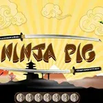 Zaslonska slika igre z naslovom Ninja Pig, ki prikazuje vijoličnega prašiča ninja v risankastem okolju z mečem in zeleno