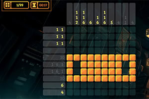 Slika računalniške igre Picross z osvetljenimi oranžnimi ploščicami, ki tvorijo vzorec, in številkami na vrhu in ob
