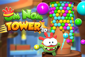 Barvita slika igre Nom Nom Tower 3D z veselim zelenim likom in stolpom iz pisanih kroglic