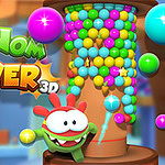 Barvita slika igre Nom Nom Tower 3D z veselim zelenim likom in stolpom iz pisanih kroglic