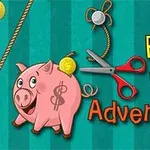 Risanka pujsa s kovancem, škarjami in besedilom Piggy Bank Adventure na turkizni podlagi