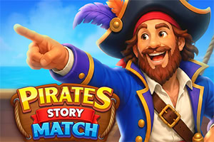 Nasmejan pirat v modrem plašču in črnem klobuku kaže levo ob logotipu Pirates Story Match