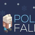 Digitalna ilustracija polarnega medveda v stilu pikslov z napisom POLAR FALL in snežinkami na temno modrem ozadju