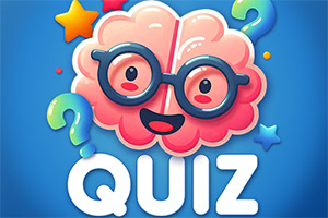 Nasmejani risani možgani z očali nad napisom QUIZ, obdani z vprašaji in zvezdicami na modrem ozadju