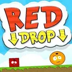 Risba z naslovom Red Drop, rdečim in rumenim likom na zeleni pokrajini