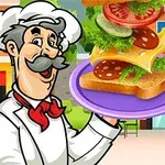 Risanka kuharja, ki drži sendvič s hamburgerjem na vijoličnem krožniku