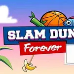 Risanka ribe, ki igra košarko, z naslovom Slam Dunk Forever nad košarkarskim obročem