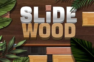 Napis »SLIDE WOOD« iz lesenih črk na temnem lesenem ozadju, obdan z zelenimi tropskimi listi in lesenimi ploščicami