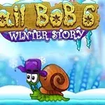 Polž Bob v zimski pokrajini s snežakom v ozadju in napisom Snail Bob 6 Winter Story