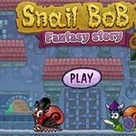 Začetni zaslon videoigre Snail Bob 7: Fantasy Story s tipko PLAY, dvema polžema in zmajem v ozadju