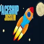 Raketa, luna, zvezde in napis Spaceship Jigsaw na temnem ozadju