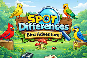 Barvita ilustracija z napisem »SPOT Differences Bird Adventure«, tremi pticami, povečevalnim steklom, gobami in daljnogledom v gozdu