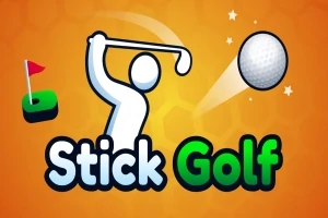 Logotip igre Stick Golf z belim stiliziranim golfistom, golf žogico in zastavico na oranžnem ozadju