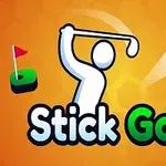 Logotip igre Stick Golf z belim stiliziranim golfistom, golf žogico in zastavico na oranžnem ozadju