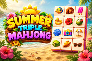 Barvit napis »Summer Triple Mahjong« ob tropski plaži z mahjong ploščicami, palmami in hibiskusi