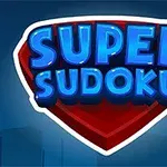 Logotip igre Super Sudoku z modrimi 3D črkami na rdeči obli obliki in temno mestno silhueto v ozadju