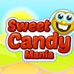 Logo igre Sweet Candy Mania z nasmejanim modrim likom na svetlo modrem in rumenem ozadju