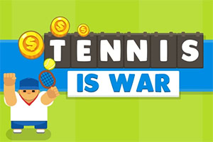 Risba teniškega igralca z loparjem in rumeno žogico, obdana z velikimi kovanci in napisom Tennis is War v ozadju zelene in modre barve
