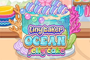 Pisano okrašena morska žele torta z okraski školjk, koral in napisom »Tiny Baker Ocean Jelly Cake«