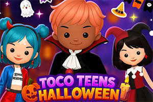 Trije prikupni kostumirani otroški liki v barvitem nočnem prizoru z bučami, duhci in napisom Toco Teens Halloween