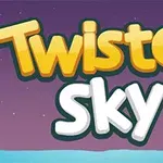 Logotip Twisted Sky z rumenim besedilom na vijoličnem ozadju z zvezdnim nebom