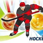 Risba hokejskega igralca v akciji z napisom Hockey Hero in zlatimi kovanci v ozadju