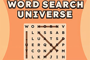 Oranžno ozadje z naslovom »WORD SEARCH UNIVERSE« in mrežo črk za iskanje besed s prekrižanimi besedami