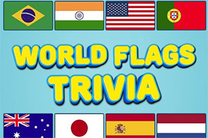 Zgornji del slike prikazuje zastave različnih držav, spodaj pa je besedilo WORLD FLAGS TRIVIA na modri podlagi