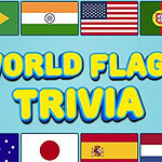 Zgornji del slike prikazuje zastave različnih držav, spodaj pa je besedilo WORLD FLAGS TRIVIA na modri podlagi