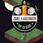 Začetni zaslon mobilne igre z noč čarovnic, s svečo, nagrobnikoma in napisom Zball 4 Halloween - tap to start