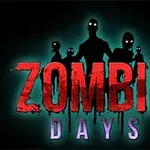 Silhuete zombijev z žarečimi očmi in rdeč napis Zombie Days na temni ozadju