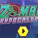 Promocijska grafika za videoigro z naslovom Zombie Gunpocalypse, ki prikazuje logotip igre z zombi glavo in urbanim ozadjem